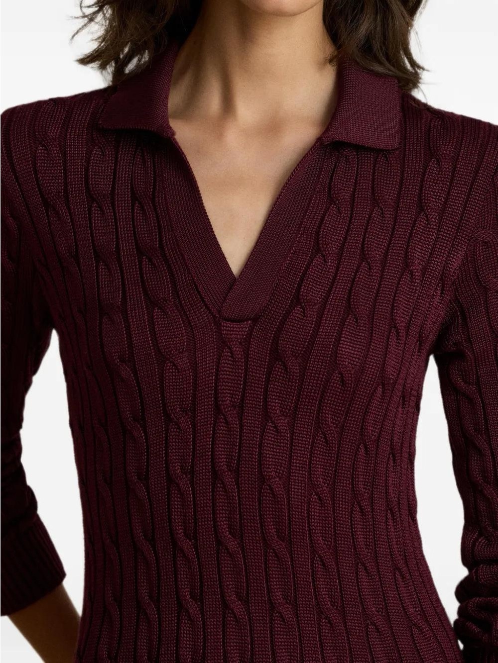 Open Placket Cable Knit Sweater Polo Burgundy